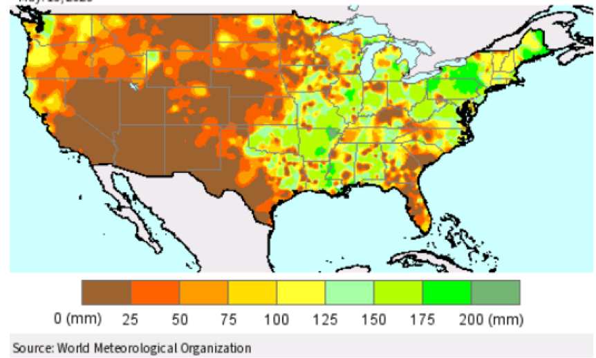 Запаси вологи у ґрунті в США. Джерело: World Meteorological Organization